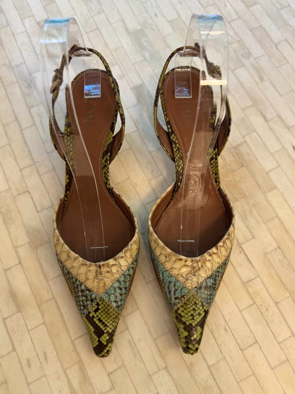Prada 1P5478 Patch Summer Menta Python Snakeskin Slingback Heels 37 Y2K Shoes